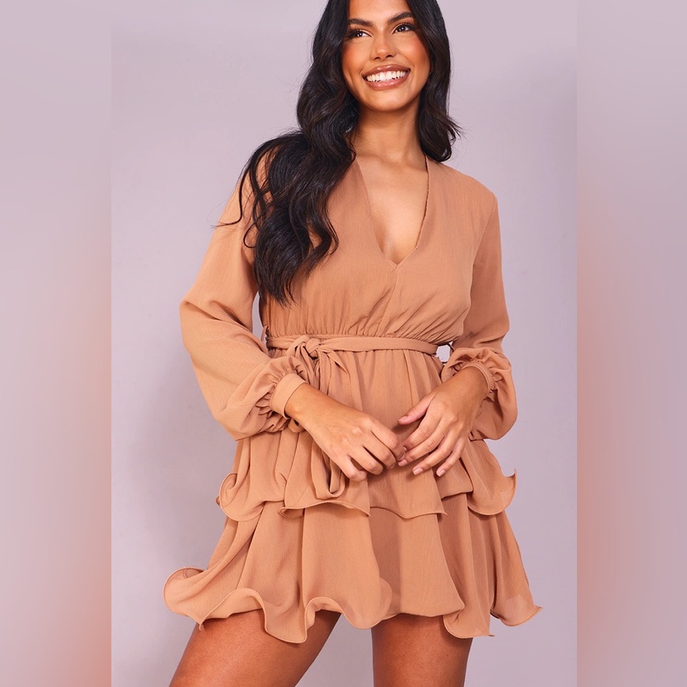PLT Stone Chiffon Plunge Detail Frill Skirt Shift Dress